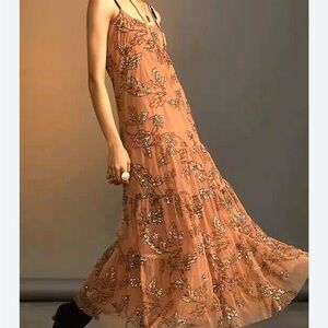 Anthropologie Tan Floral Maxi Dress
